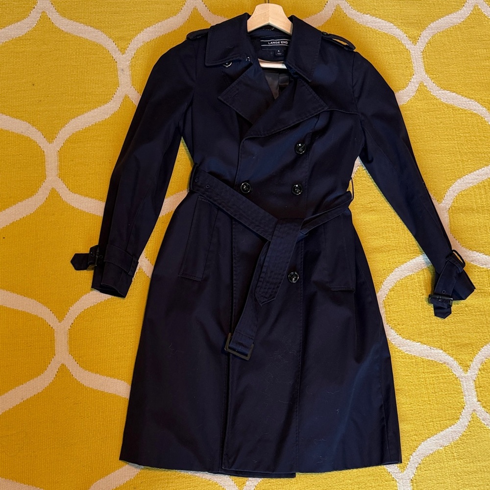 Lands End Navy Double-Breasted Trench with Belt